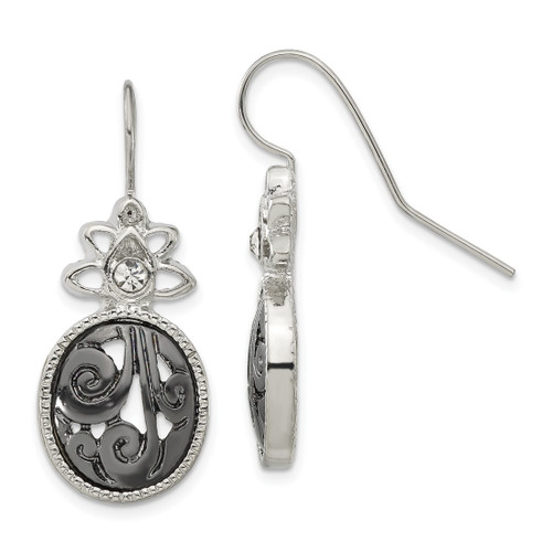 1928 Jewelry Silver-Tone and Black-Plated Filigree Clear Crystal Dangle French Wire Earrings, 38 mm