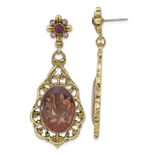 1928 Jewelry Brass-Tone Filigree Frame Purple Crystal Oval Purple Enamel Teardrop Dangle Post Earrings, 54 mm