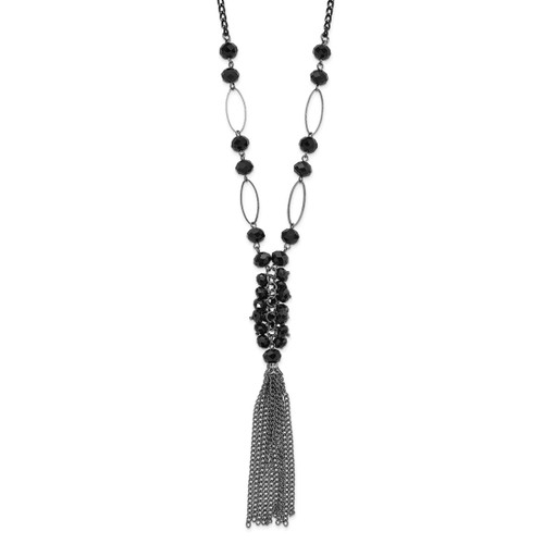 1928 Jewelry Black-Plated Link Jet Black Faceted Acrylic Beaded Cluster 28 Inch Tassel Necklace