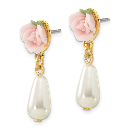 1928 Gold-Tone Porcelain Rose and Simulated Pearl Post Dangle Earrings, 26 mm - View 2