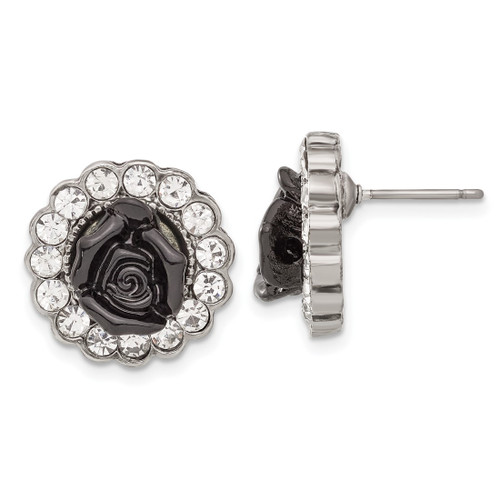 1928 Silver-Tone Black Enamel Flowers & Crystal Stud Earrings, 16 mm