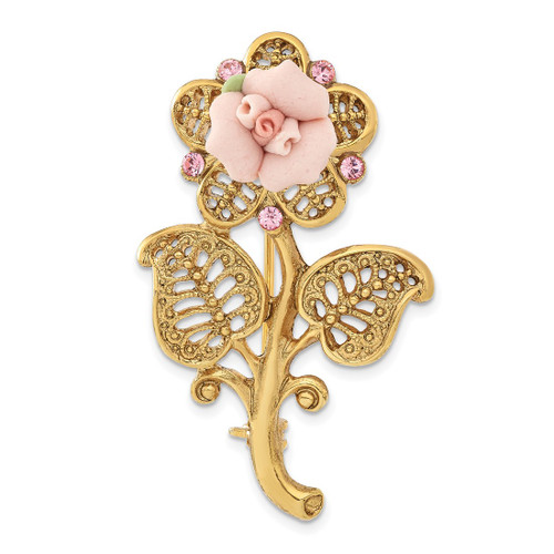 1928 Gold-Tone Pink Porcelain Rose and Pink Crystal Flower Pin Brooch