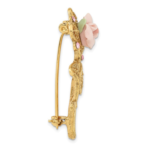 1928 Gold-Tone Pink Porcelain Rose and Pink Crystal Flower Pin Brooch - View 2