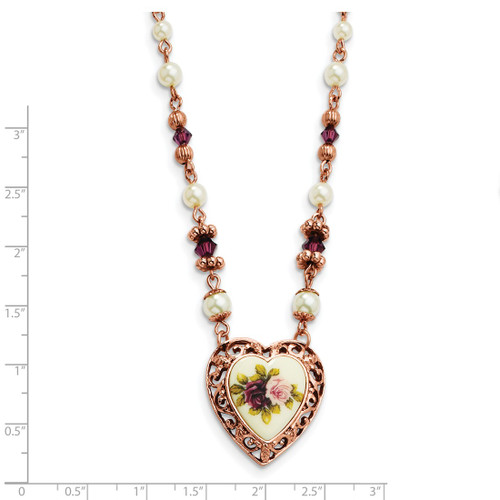 1928 Jewelry Rose-Tone Heart Filigree Frame Purple Faceted Crystal Bead Simulated Pearl Rose Floral Motif 15 Inch Necklace - View 2