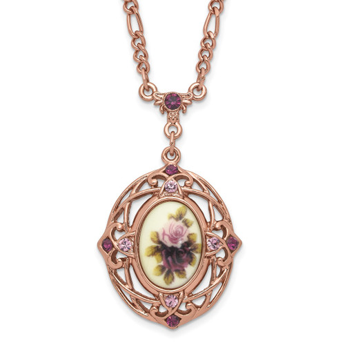 1928 Rose-Tone Light and Dark Purple Crystal and Floral 28 Inch Necklace