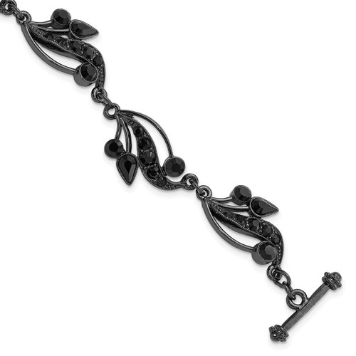 1928 Jewelry Black-Plated Link Jet Black Crystals in Teardrop and Circle Shapes Vintage Style Filigree Vine Motif 7.5 Inch Toggle Bracelet
