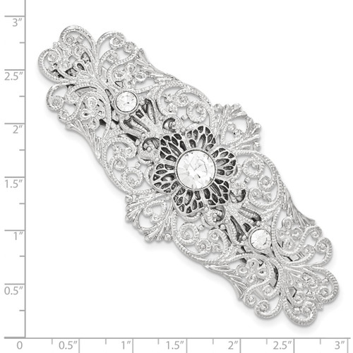 1928 Jewelry Silver-Tone Ornate Filigree Clear Crystal Large Hair Barrette - View 2