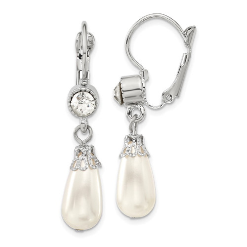 1928 Jewelry Silver-Tone Clear Crystal Simulated Pearl Teardrop Dangle Leverback Earrings, 45 mm