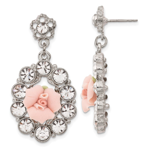 1928 Silver-Tone White Crystal Pink Porcelain Flower Post Dangle Earrings, 41 mm