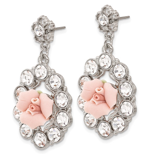 1928 Silver-Tone White Crystal Pink Porcelain Flower Post Dangle Earrings, 41 mm - View 2