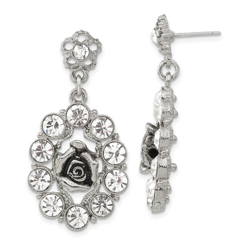 1928 Silver-Tone White Crystal Rose Post Dangle Earrings, 40 mm
