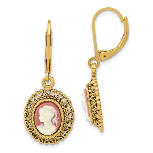 1928 Jewelry Gold-Tone Filigree Frame Ivory Colored Lady Acrylic Cameo Dangle Leverback Drop Earrings, 38 mm