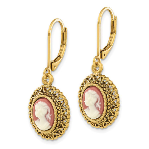 1928 Jewelry Gold-Tone Filigree Frame Ivory Colored Lady Acrylic Cameo Dangle Leverback Drop Earrings, 38 mm - View 2