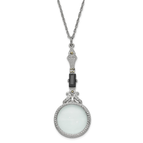 1928 Jewelry Silver-Tone Black Glass Stone and Marcasite Vintage Handle 4-5X Magnifying Glass 28 Inch Necklace
