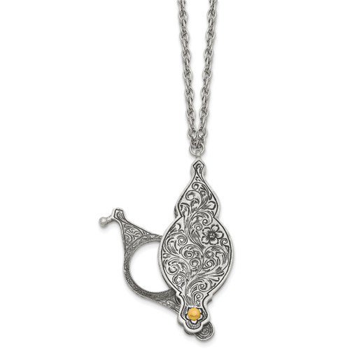 1928 Jewelry Pewter-Tone and Gold-Tone Vintage Floral Antiqued Cover with Fold Out 6-7X Magnifying Glass 30 Inch Necklace - View 2