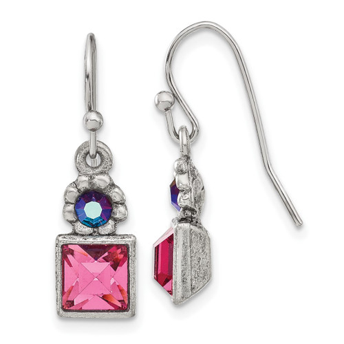 1928 Jewelry Silver-Tone Rose Pink Square and Aurora Borealis Round Crystal Wire Drop French Wire Earrings, 24.5 mm