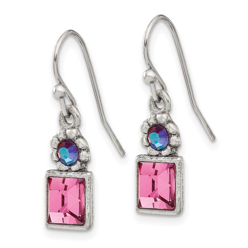 1928 Jewelry Silver-Tone Rose Pink Square and Aurora Borealis Round Crystal Wire Drop French Wire Earrings, 24.5 mm - View 2