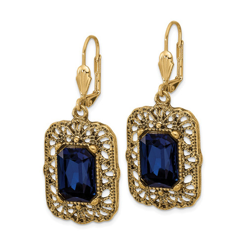1928 Gold-Tone Blue Crystal Square Dangle Leverback Drop Earrings, 49.43 mm - View 2