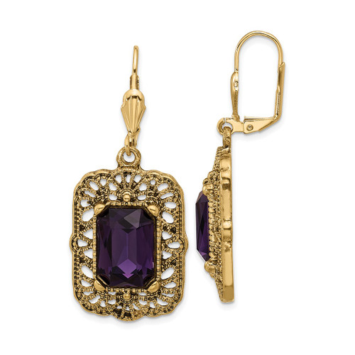 1928 Gold-Tone Purple Crystal Square Dangle Leverback Drop Earrings, 49.43 mm