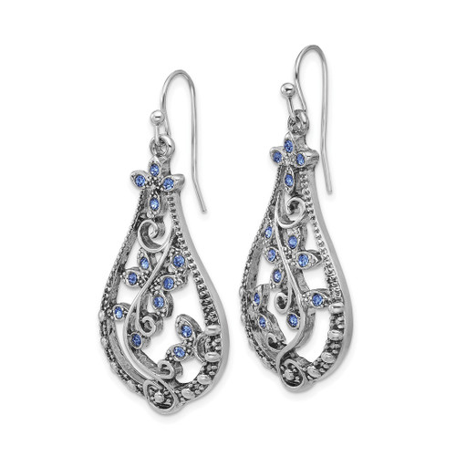 1928 Silver-Tone Blue Crystal Wire Drop French Wire Earrings, 47.64 mm - View 2