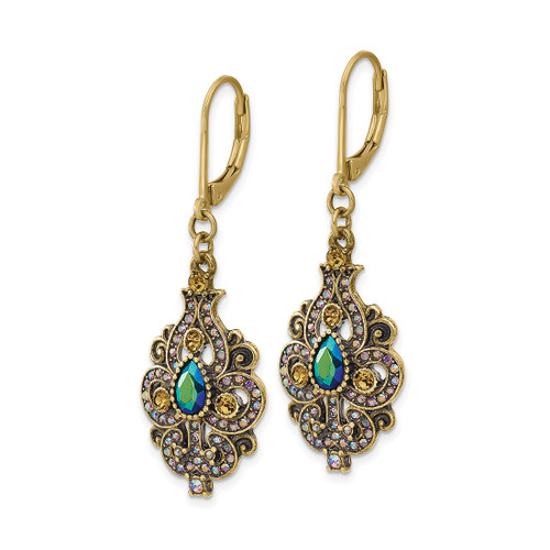 1928 Antique Gold-Tone Blue Glass Aurora Borealis Sheen Leverback Dangle Earrings, 47.49 mm - View 2