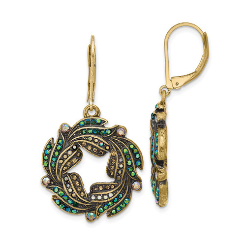 1928 Gold-Tone Blue Iridescent Aurora Borealis Glass Wreath Leverback Dangle Earrings, 40.5 mm