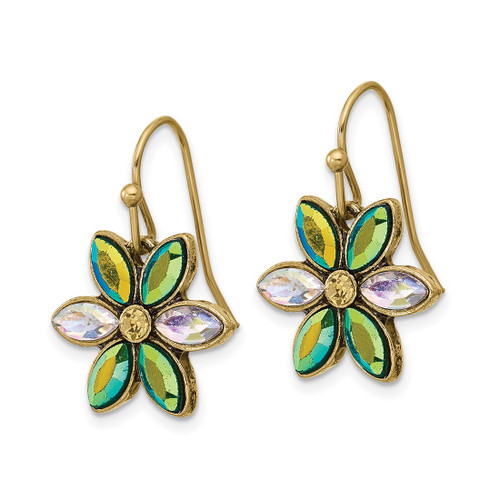1928 Gold-Tone Blue Iridescent Aurora Borealis Glass Stone Flower Dangle French Wire Earrings, 24.15 mm - View 2