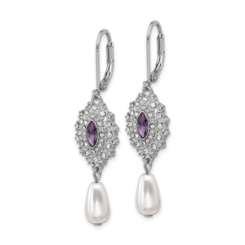 1928 Silver-Tone Purple Crystal with Simulated Pearl Dangle Leverback Drop Earrings, 48.05 mm - View 2