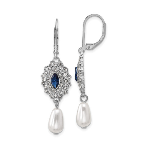 1928 Silver-Tone Blue Crystal with Simulated Pearl Dangle Leverback Drop Earrings, 48.05 mm