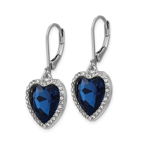1928 Silver-Tone White and Blue Crystal Heart Dangle Leverback Drop Earrings, 33.7 mm - View 2