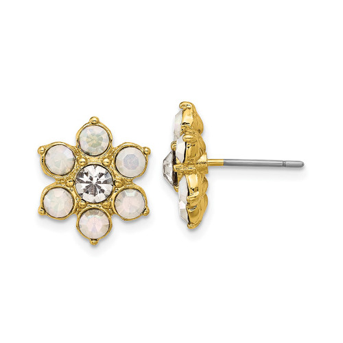 1928 Gold-Tone Imitiation Lab-Created Opal and Crystal Flower Stud Earrings, 13.92 mm