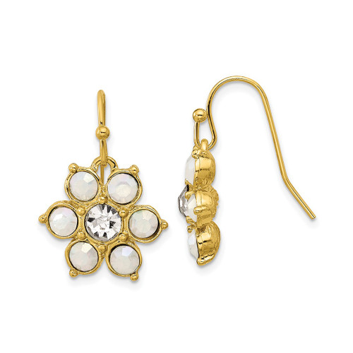 1928 Gold-Tone Simulated Lab-Created Opal and Crystal Flower Dangle French Wire Earrings, 25.9 mm