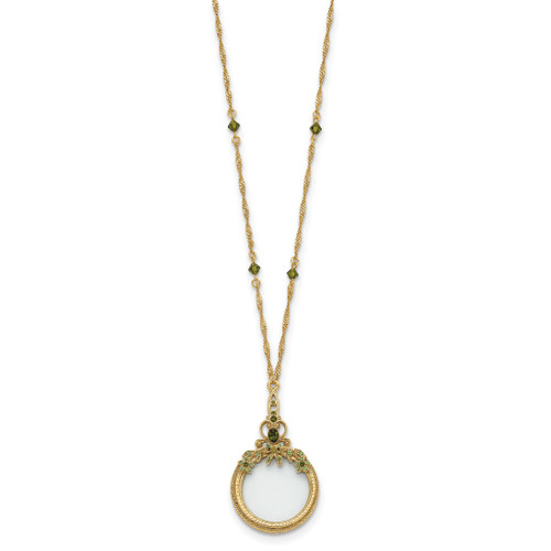 1928 Jewelry Burnished Brass-Tone Light and Dark Green Crystal 2X Magnifying Glass 30 Inch Vintage Necklace - View 2