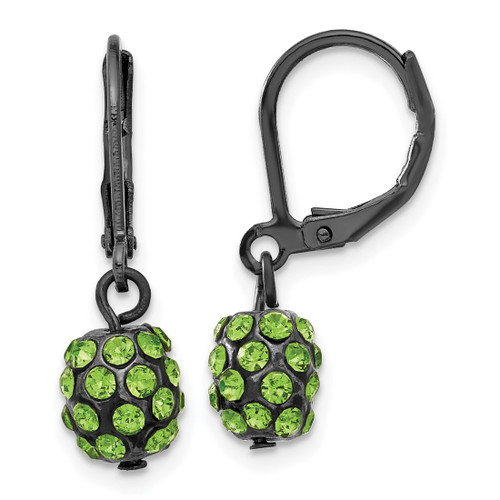 1928 Black-Plated Green Glass Stone Ball Leverback Drop Earrings, 26 mm