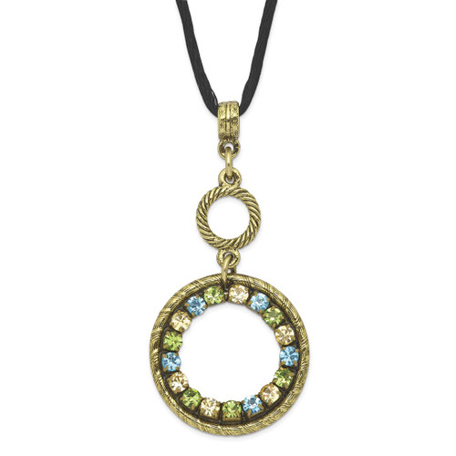 1928 Jewelry Brass-Tone Blue Green and Light Colorado Crystal Double Circle Adjustable 16 Inch Satin Cord Necklace with 3 Inch Extension