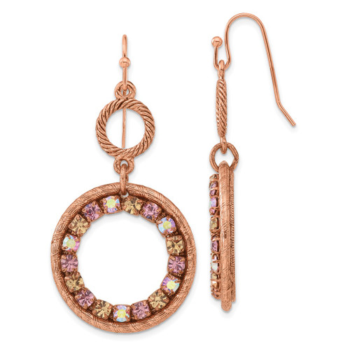 1928 Jewelry Copper-Tone Textured Frame Purple Pink and Colorado Crystal Double Circle Dangle French Wire Earrings, 51 mm