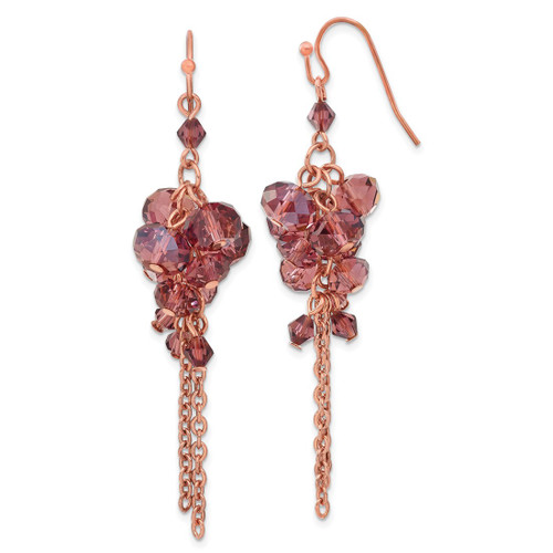 1928 Brass-Tone Purple Glass Beads Cluster Dangle French Wire Earrings, 68 mm