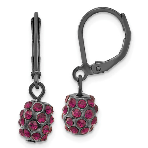 1928 Black-Plated Purple Glass Stone Ball Leverback Drop Earrings, 26 mm