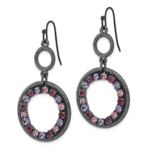1928 Jewelry Black-Plated Textured Frame Light and Dark Pink and Purple Crystal Double Circle Dangle French Wire Earrings, 51 mm - View 2