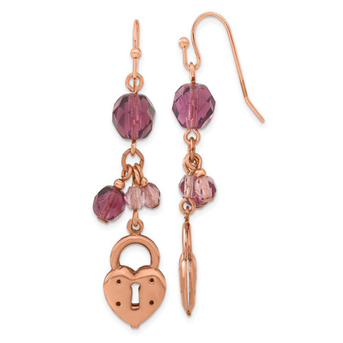 1928 Copper-Tone Heart & Lock with Purple Crystals Drop French Wire Earrings, 54 mm