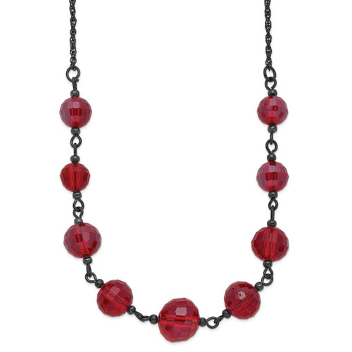 1928 Jewelry Black-Plated Red Glass Faceted Graduated Bead 16 Inch Necklace with 3 Inch Extension