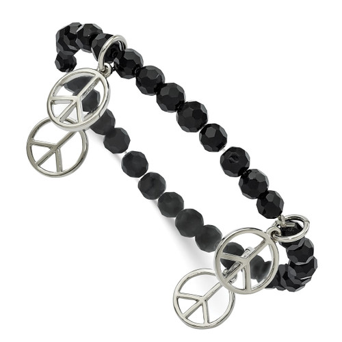 1928 Jewelry Silver-Tone Peace Charms on Jet Black Crystal Faceted Beaded Stretch Bracelet