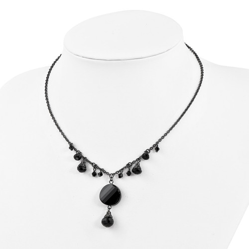 1928 Jewelry Black-Plated Jet Black Faceted Glass Dangle Beads 16 Inch Necklace with 3 Inch Extension - View 2