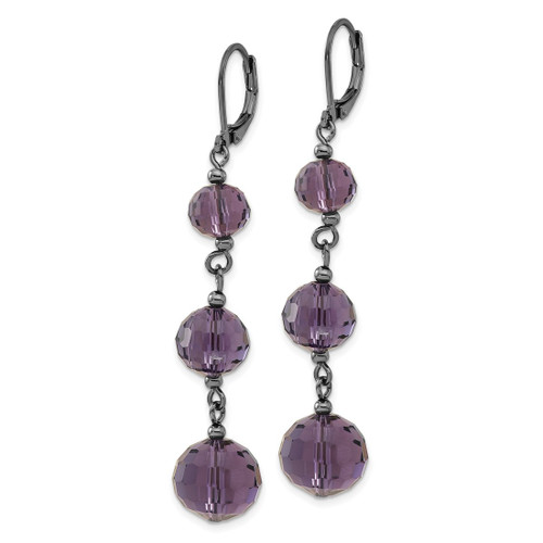 1928 Jewelry Black-Plated Graduated Smokey Purple Faceted Glass Beads Dangle Leverback Drop Earrings, 64 mm - View 2