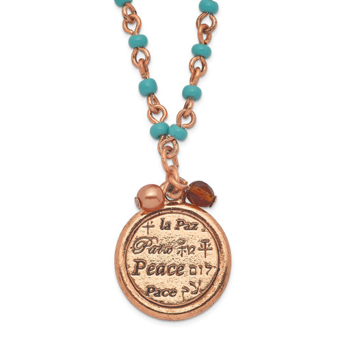 1928 Jewelry Copper-Tone and Aqua Acrylic Bead Link Brown Acrylic Bead and Polished Peace Pendant 16 in Necklace with 3 Inch Extension