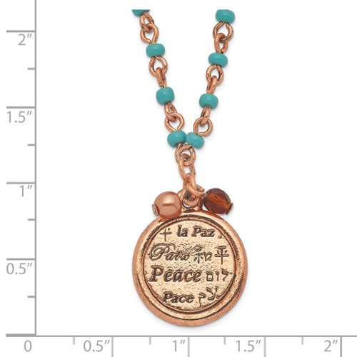 1928 Jewelry Copper-Tone and Aqua Acrylic Bead Link Brown Acrylic Bead and Polished Peace Pendant 16 in Necklace with 3 Inch Extension - View 2