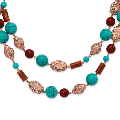 1928 Jewelry Copper-Tone Pattern Aqua Blue and Brown Acrylic Beads Long 44 Inch Necklace