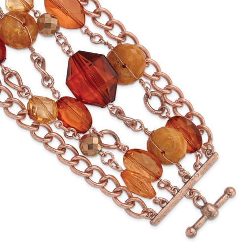 1928 Jewelry Copper-Tone Link and Multicolored Brownand Orange Faceted Acrylic Beads Wide Six Row 8 Inch Toggle Bracelet
