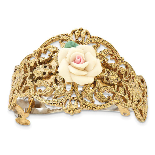 1928 Jewelry Gold-Tone Filigree Ornate Porcelain Rose Ponytail Holder