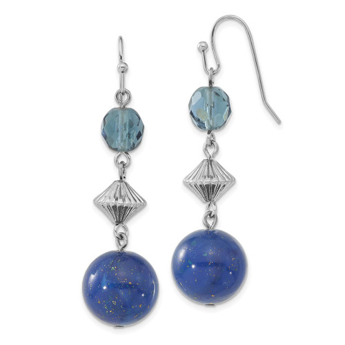 1928 Jewelry Silver-Tone Blue Bead and Blue Faceted Crystal Dangle French Wire Earrings, 54 mm